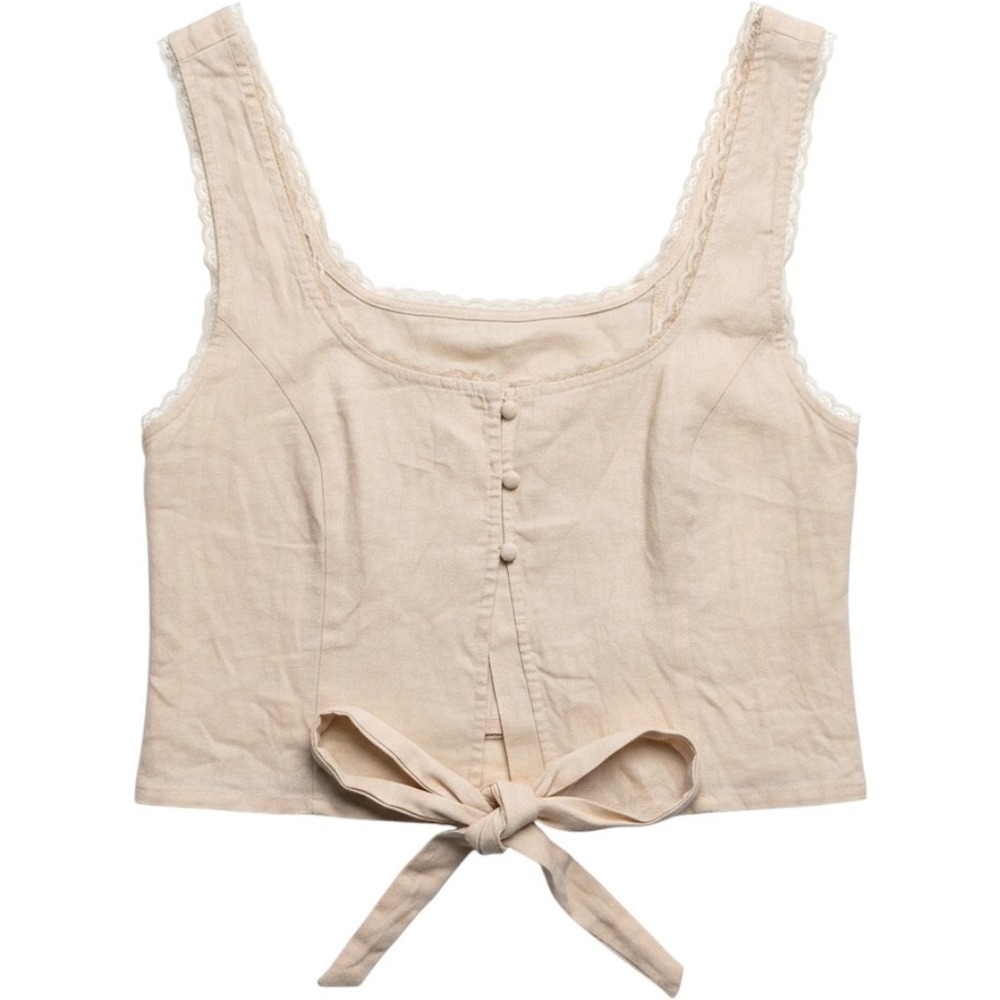 Forever 21 Cream Linen Blend Lace Trim Tie Front Crop Tank Top Large Cottagecore